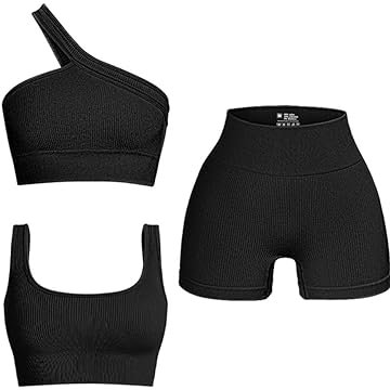 OQQ Women's 3 Piece Outfits Ribbed Seamless Exercise Scoop Neck Sports Bra One Shoulder Tops High Waist Shorts Active Set