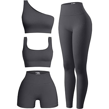 OQQ Women's 4 Piece Outfits Ribbed Exercise Scoop Neck Sports Bra One Shoulder Tops High Waist Shorts Leggings Active Set