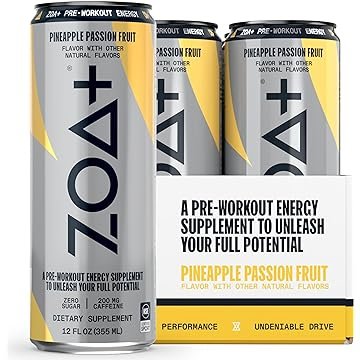 ZOA+ Pre-Workout Sugar-Free Energy Drink, Pineapple Passionfruit - Zero Sugar, Nitric Oxide Support, Amino Acids, Electrolytes, Natural Caffeine - 12 Ounce Cans (Pack of 12)