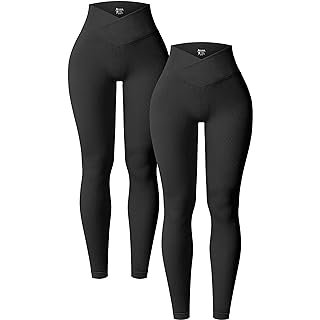 OQQ Women's 2 Piece Yoga Leggings Ribbed Seamless Workout High Waist Cross Over Athletic Exercise Leggings